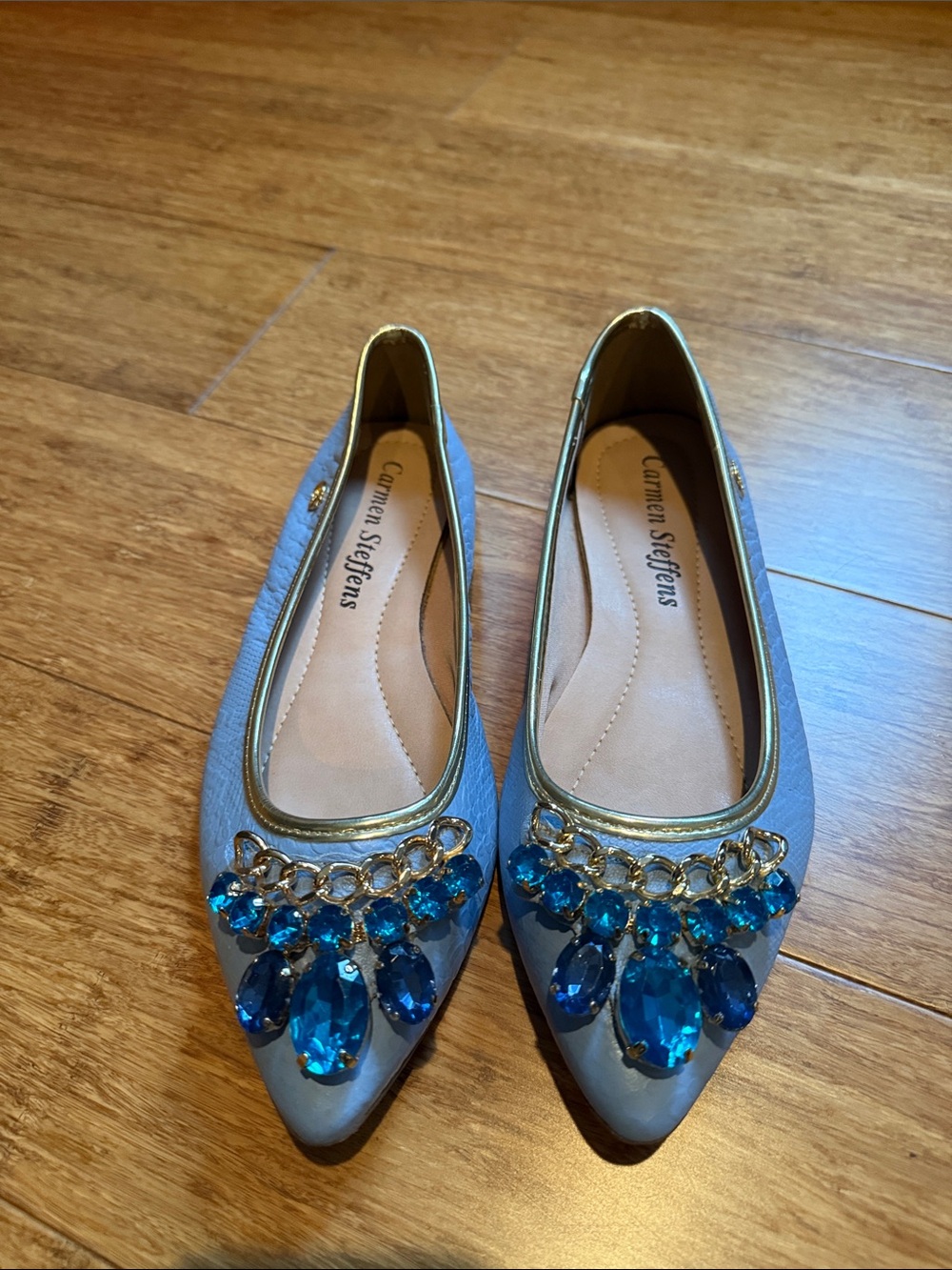 Carmen Steffens Blue Jeweled Pointed Toe Flats